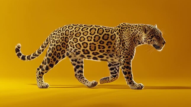 Majestic Jaguar Walking in Profile Mid-Step on Solid Yellow Background Wildlife Concept Generative AI