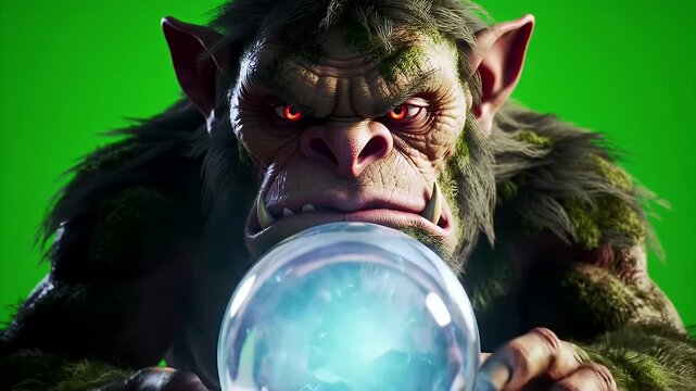 Close Up of Mossy Troll Holding Glowing Blue Magical Crystal Ball on Green Screen Background A Menacing Fantasy Creature with Red Eyes Engaged in Mysterious Occult Sorcery Cgi Character Animation
