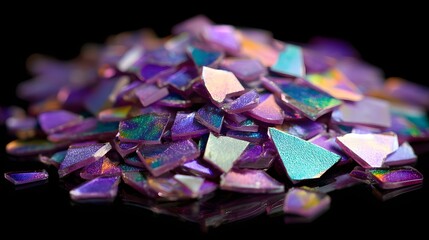 Pile of multicolored iridescent glass shards.