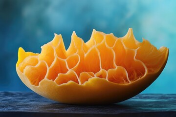 A close-up showcases the intricate, segmented interior of a citrus fruit, backlit by a blue background.