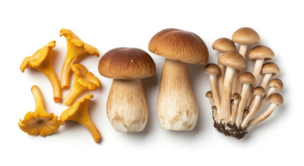 Fototapeta premium Top-down flat lay of an assortment of fresh edible wild mushrooms, including chanterelle, porcini, and honey fungus, isolated on a white background. 