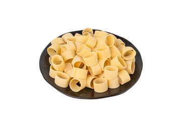Raw Calamarata Big Pasta Isolated, Homemade Dry Macaroni, Italian Raw Round Noodle