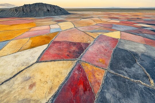 Aerial view of colorful salt ponds with mineral deposits, contrasting with a dark mountain in the background. - Powered by Adobe