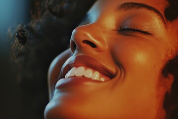 Close up of a woman's glowing jawline as she smiles, representing facial wellness,  ideal for skincare or dental themes.