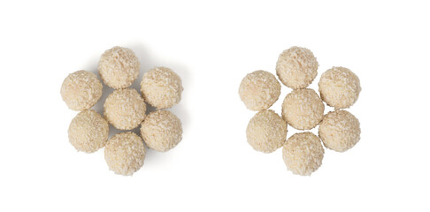 Coconut candies isolated, coco balls set. White truffle ball, indian ladoo or laddu with sweet cream