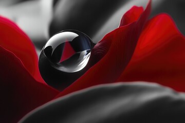 A glistening water droplet resting on a vibrant red flower petal with a subtle black and white background.
