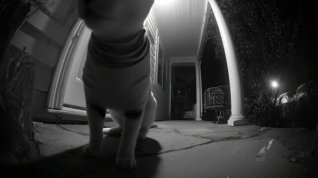 A shadowy cat approaches a doorbell security camera at door at night, creating a tense atmosphere. The scene evokes themes of stealth and deception, reminiscent of classic heist tales.