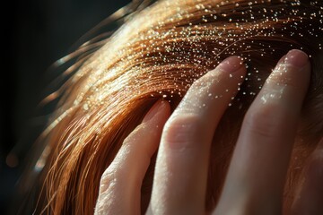 Close up of a woman's glowing scalp with fingertips gently touching,  themed around hair health and relaxation.