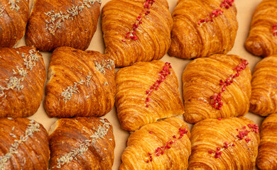 Many Croissant at Street Market, Fresh Puff Pastry Pies, Sweet Kipferls, Buttery Viennoiseries