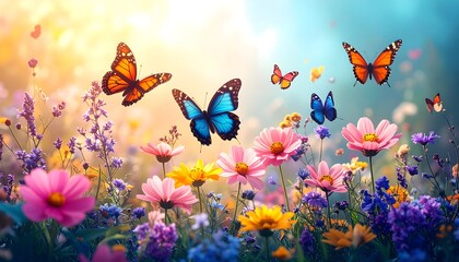 Colorful butterflies and flowers in a sunny meadow