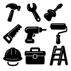 Black filled construction icons: hammer, wrench, drill and more. Bold silhouette vector perfect for hardware branding, building projects and repair services.
