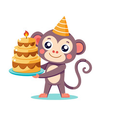 Playful Cartoon Monkey Holding a Huge Colorful Birthday Cake with Candles – Fun Celebration Vector Illustration for Party Invitations