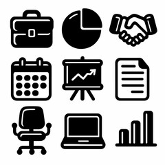 Set of 9 solid black office icons including handshake, calendar and documents. Clean filled vector, thick lines, transparent background.