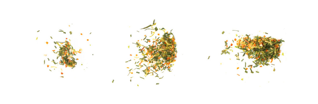 Dried vegetable mix isolated. Dehydrated greens, onion, carrot pieces, seasoning chips, flakes