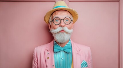 Stylish senior man with a large mustache, surprised expression, pink backdrop