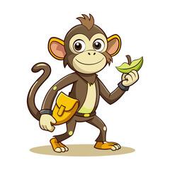Playful monkey hitchhiking roadside holding banana, fun animal travel adventure vector illustration, cute wildlife journey design for posters and merchandise