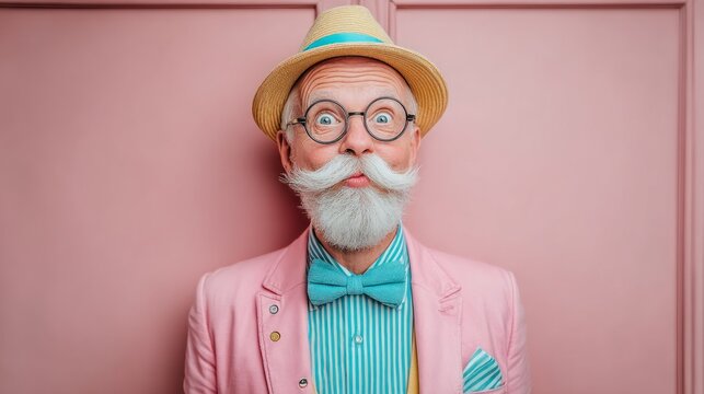 Stylish senior man with a large mustache, surprised expression, pink backdrop
