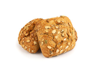 Pumpkin seeds bread isolated, breakfast roll with pepita seeds. Fitness square bun, healthy burger