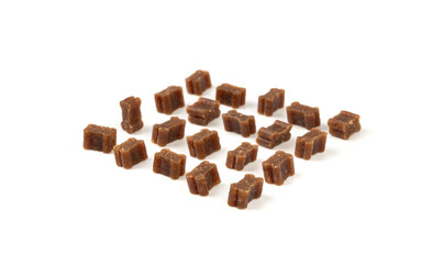 Mini bone-shaped pet food, small dogs crunchy treats, flavored brown dry kibble, canine food