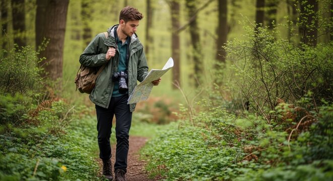 A young man, outdoors, hiking a woodland path, looking at a map.  He's wearing a jacket and backpack, and carrying a camera.   Lush greenery surrounds the path
