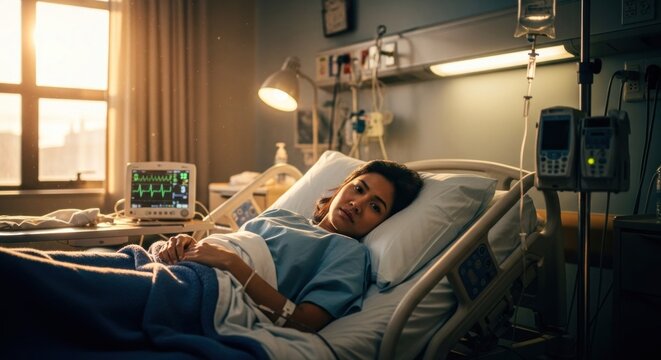 A young woman lies in a hospital bed, showing concern. Sunlight streams into the room. Medical equipment is visible