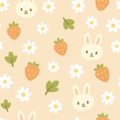 Seamless Pattern with Bunny Head, Strawberries, and Daisies in Oil Pastel Style