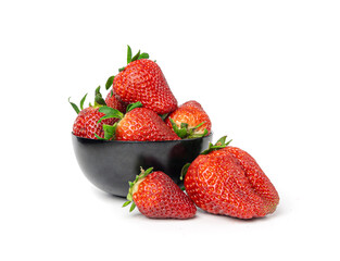Fresh strawberry isolated, whole ripe straw berry, red juicy imperfect strawberri with green leaves