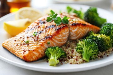 Grilled salmon fillets with broccoli florets, quinoa, and lemon wedges served on a white plate, a healthy and tasty dish.