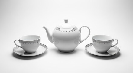 Fototapeta premium Teapot and teacups on saucers, white, elegant, simple studio shot