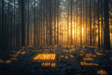 A forest floor replaced by a massive circuit board glowing with golden light, technology meets nature.