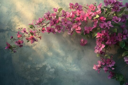 Bougainvillea cascade on a textured wall, blooming with vibrant pink flowers and lush green leaves in an artistic composition. - Powered by Adobe