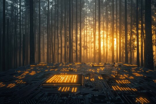 A forest floor replaced by a massive circuit board glowing with golden light, technology meets nature.