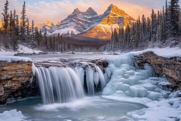 A serene winter scene with a waterfall flowing into icy waters, set against snow-covered mountains and a vibrant sunrise.