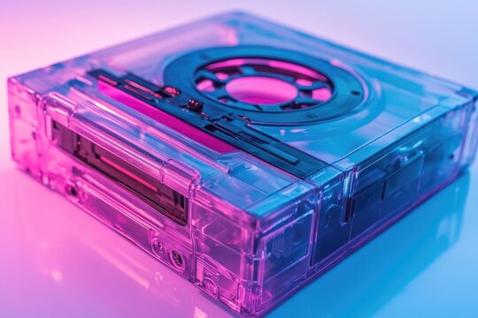 A transparent audio cassette tape glows with vibrant pink and blue neon lights, blending retro with futuristic aesthetics in a nostalgic reminder.