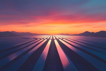 Vast solar panel field reflects the vibrant sunset, mountains in the background.