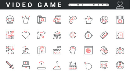 Video game, leisure and entertainment thin red and black line icons set vector illustration. Abstract puzzle, RPG, shooter genres for digital PC videogame, portable gadgets and controllers collection
