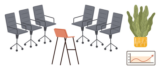 Group of office chairs, red stool, potted plant, and upward graph chart. Ideal for teamwork, meetings, leadership, growth strategy training innovation themes. Clean simple flat metaphor