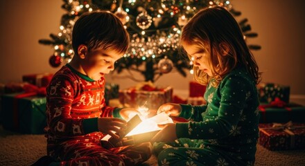 Two children open a glowing gift by a Christmas tree