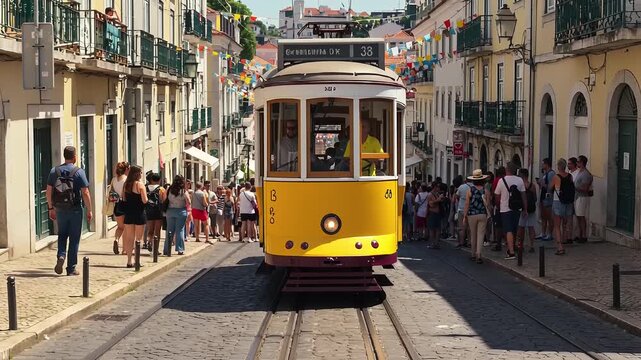 Lisbons bright yellow tram descends cobblestone street