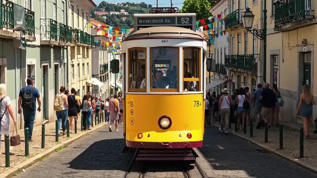 Lisbons iconic yellow tram cruises cobblestone street