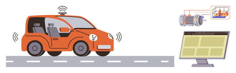 Orange self-driving car on a road with sensors transmitting data to a screen analyzing performance. Ideal for technology, autonomous systems, engineering, innovation, AI, self-driving, simple flat