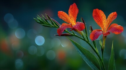 Fototapeta premium Two vibrant orange canna lilies bloom against soft, bokeh-lit background