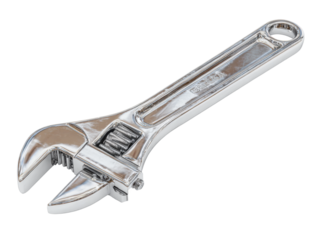Adjustable wrench tool in workshop setting for diy projects. Isolated on transparent background, png.