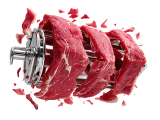 Close-up of meat grinding in a culinary kitchen action. Isolated on transparent background, png.