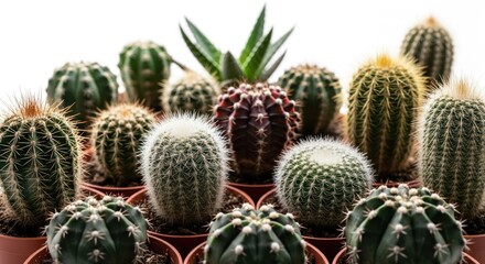 Fototapeta premium Variety of small cacti arranged in pots against a white background