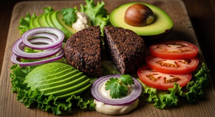 Veggie burger ingredients with avocado, tomatoes, onions, lettuce, and patty