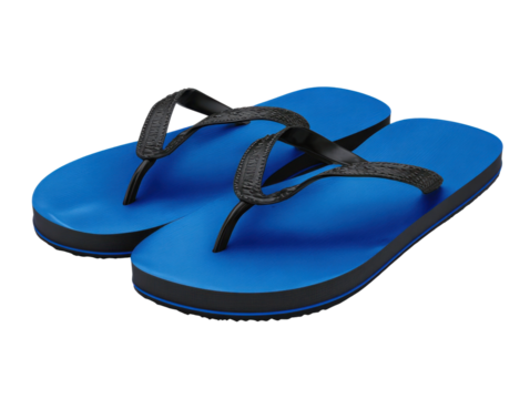 Summer vibes blue flip flops on sandy beach outdoor lifestyle shot. Isolated on transparent background, png.