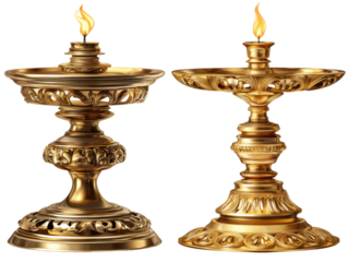 Traditional oil lamps illuminating a festive event indoors warm glow. Isolated on transparent background, png.