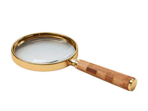 Analyzing magnifying glass use in science studio environment close-up. Isolated on transparent background, png.