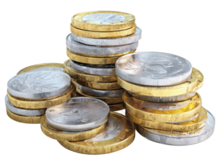 Coins stacked for wealth representation in business growth. Isolated on transparent background, png.